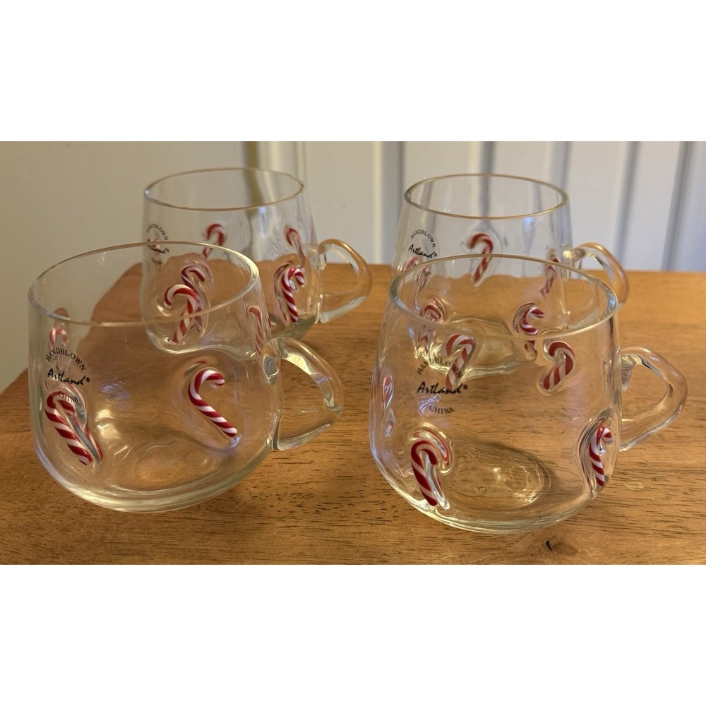 Vintage Artland Candy Cane Collection Punch Cups Hand Blown Glass Set Of 4